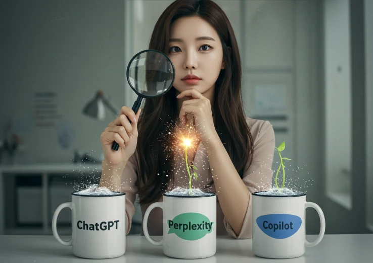 다양한 챗봇 도구 컵을 보는 한국 여성