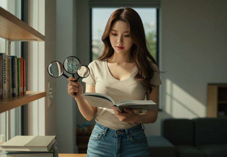 다양한 크기와 모양의 돋보기를 들고 있는 한국인 여성