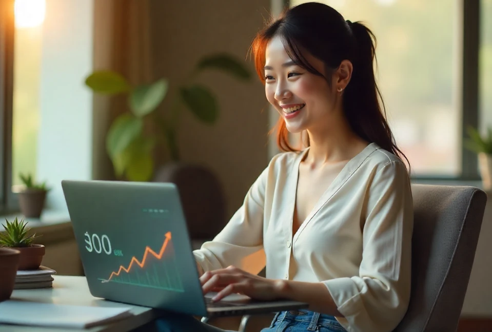 제휴 마케팅으로 수익을 확인하며 미소 짓는 한국인 여성