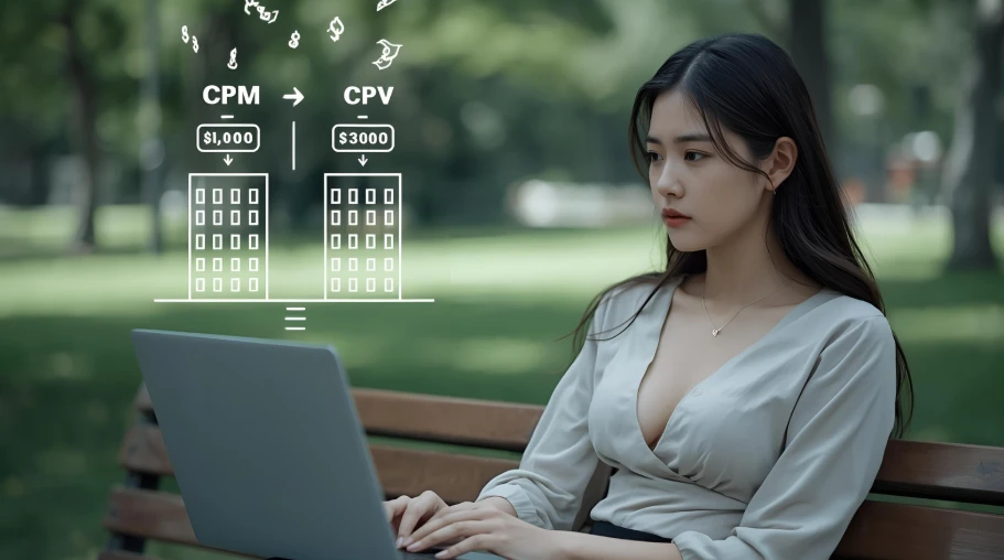 유튜브 쇼츠의 CPM과 CPV 개념을 확인하는 한국인 여성