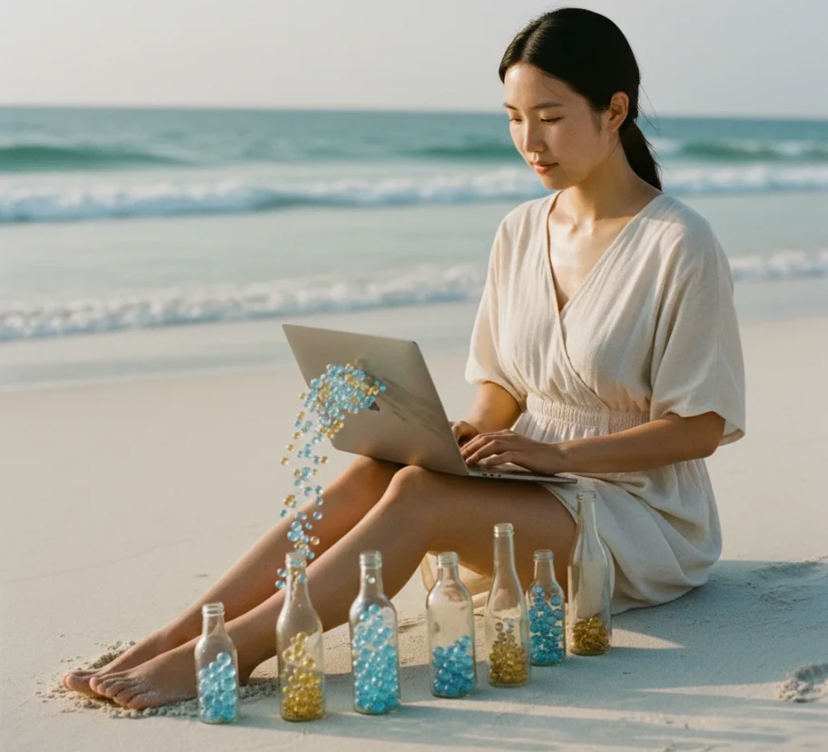 모래사장에서 노트북 작업으로 수익을 자동화하는 사진