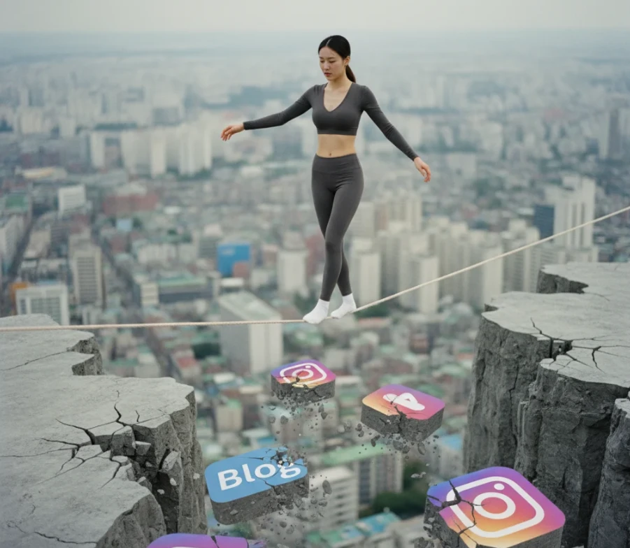 외줄 위에서 유튜브, 블로그, 인스타그램 로고가 새겨진 위태로운 징검다리를 걷는 모습의 사진