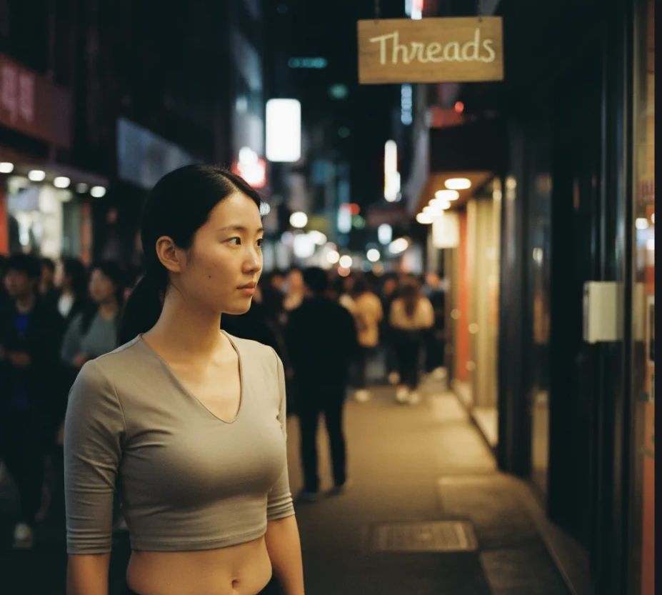 붐비는 도시 거리에서 한적한 쓰레드 길을 발견하고 걷는 사진