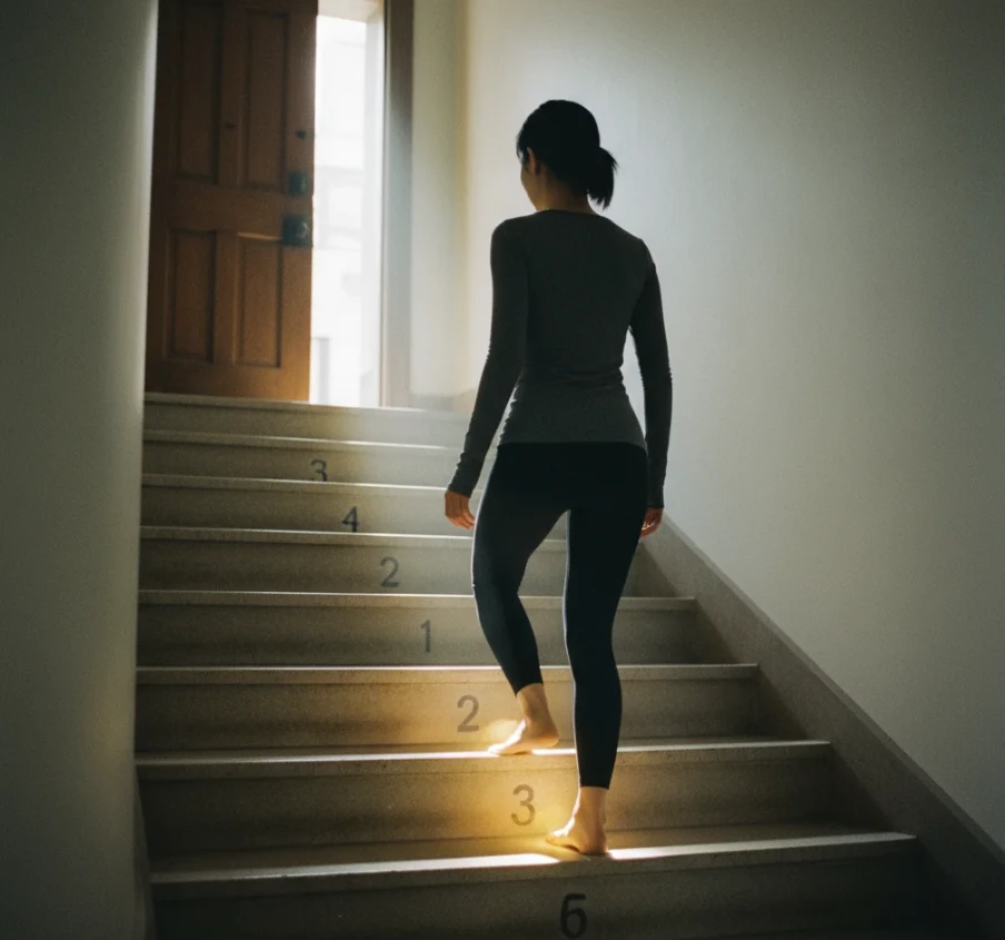  3단계 계단을 오르며 발자국에 빛을 내는 사진