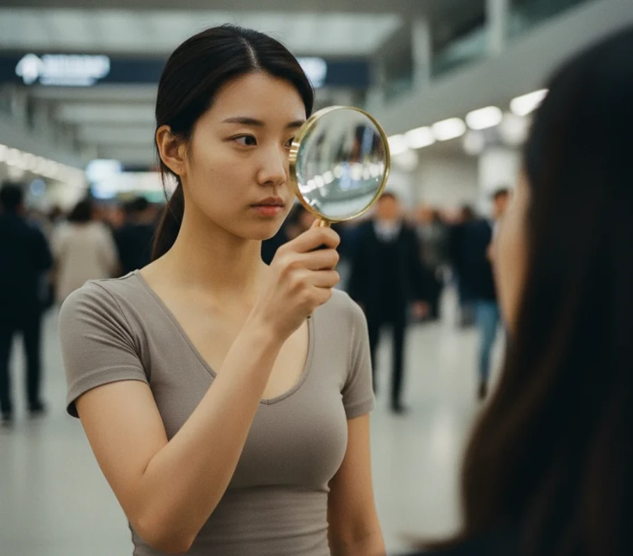 분주한 기차역에서 돋보기로 특정 한 사람에게만 집중하는 사진