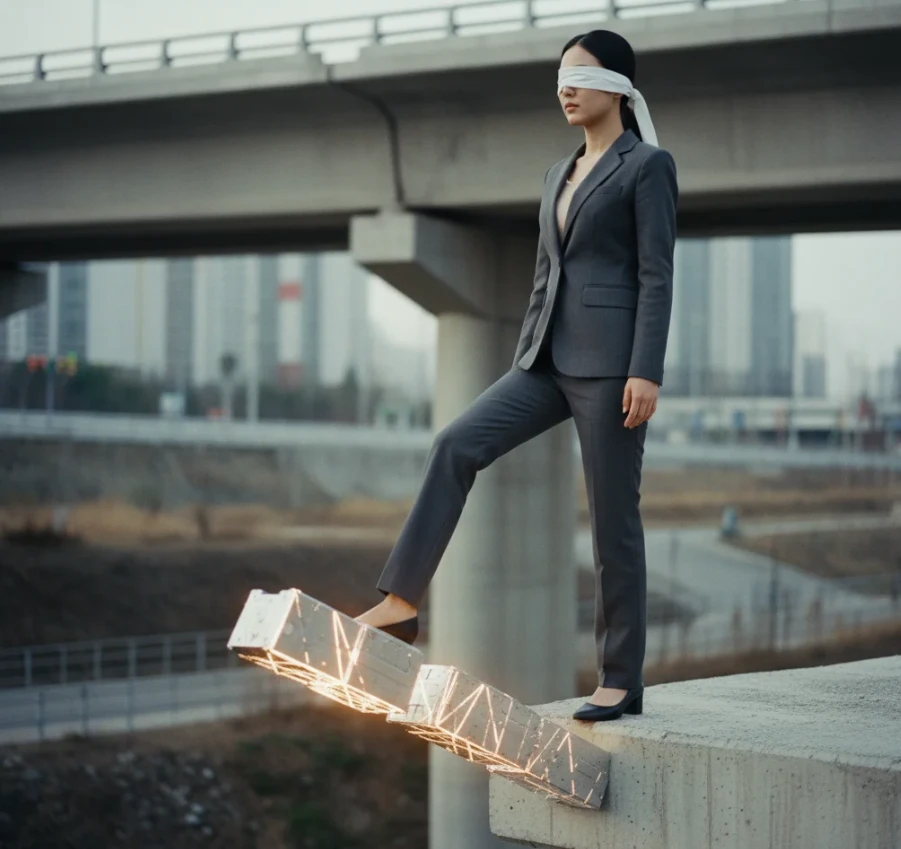 눈을 가리고 발을 내딛자 미완성 다리가 완성되는 사진