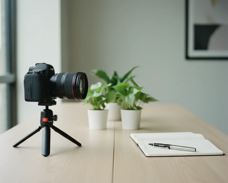 책상 위에 놓인 카메라와 노트, 펜이 대비되는 모습