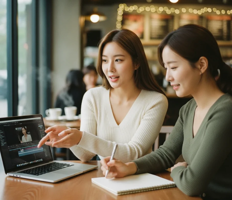 외향적인 여성이 노트북을 보며 웃고 있고, 내향적인 여성이 커피를 마시며 사색하는 모습