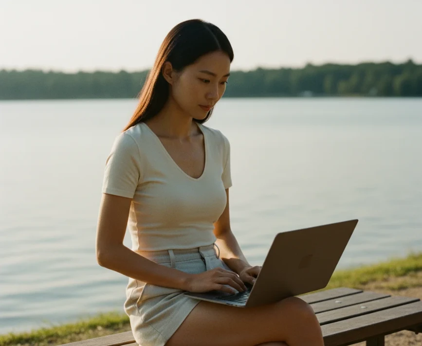 강가 벤치에 앉아 노트북을 바라보며 깊은 생각에 잠겨있는 여성의 모습