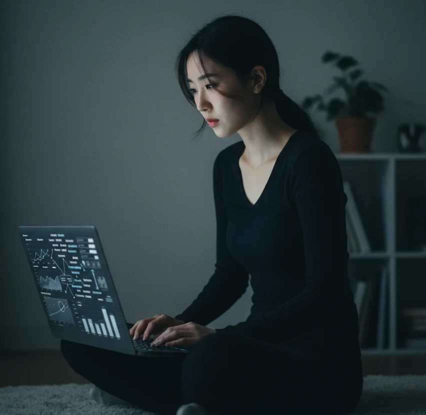 어두운 방에서 빛나는 노트북 화면을 통해 검색 트렌드를 분석하는 여성