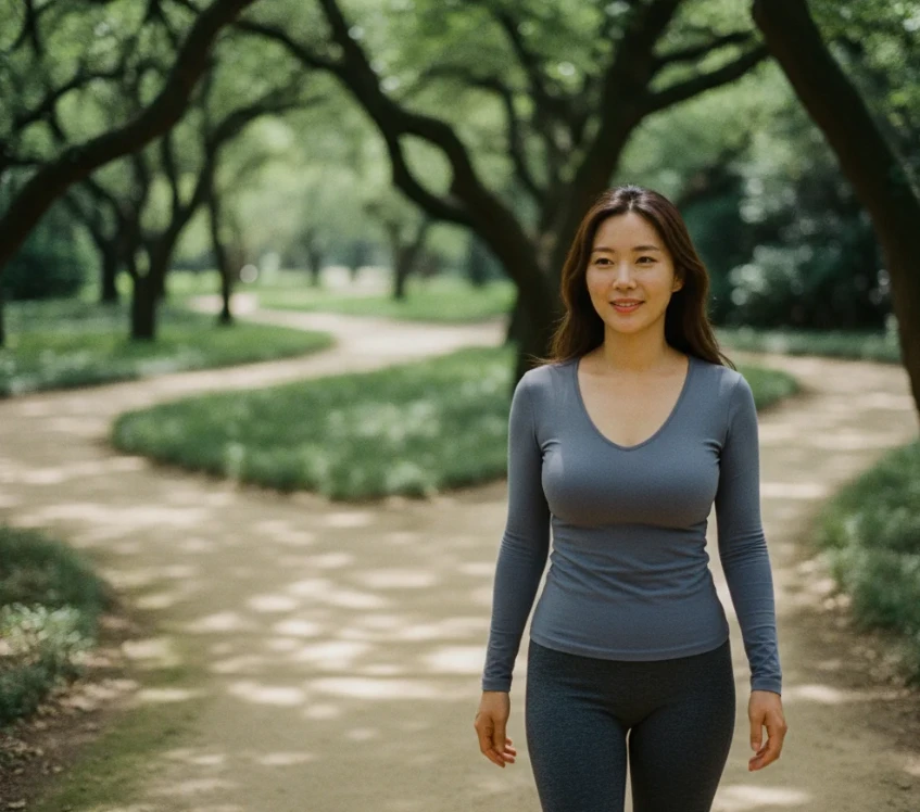 숲길을 걸으며 편안하게 미소 짓는 여성