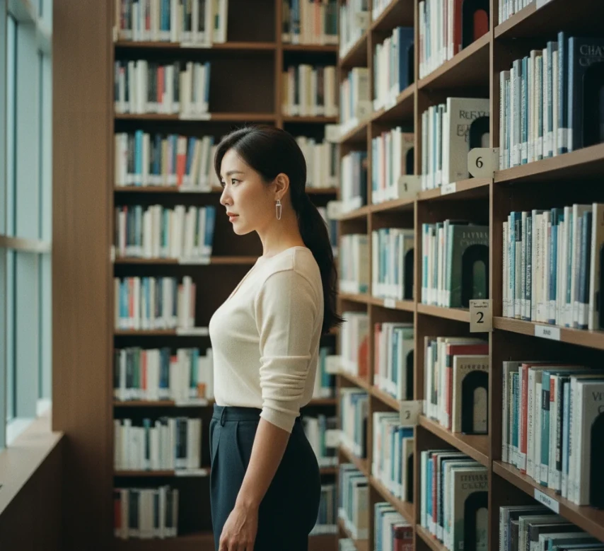 도서관 책꽂이를 보며 깊은 생각에 잠긴 여성의 뒷모습