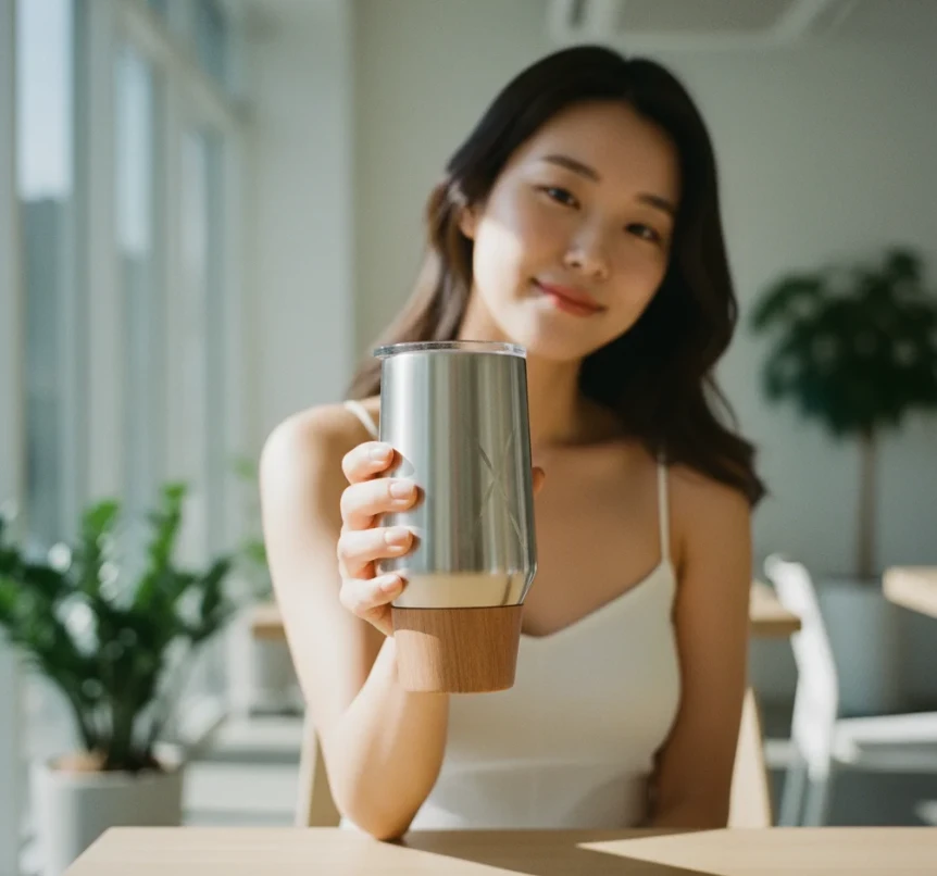 세련된 디자인의 친환경 텀블러를 들고 있는 여성