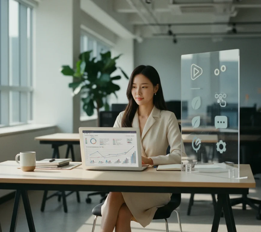 노트북 화면의 복잡한 데이터 그래프와 함께 놓인 여러 기업 로고