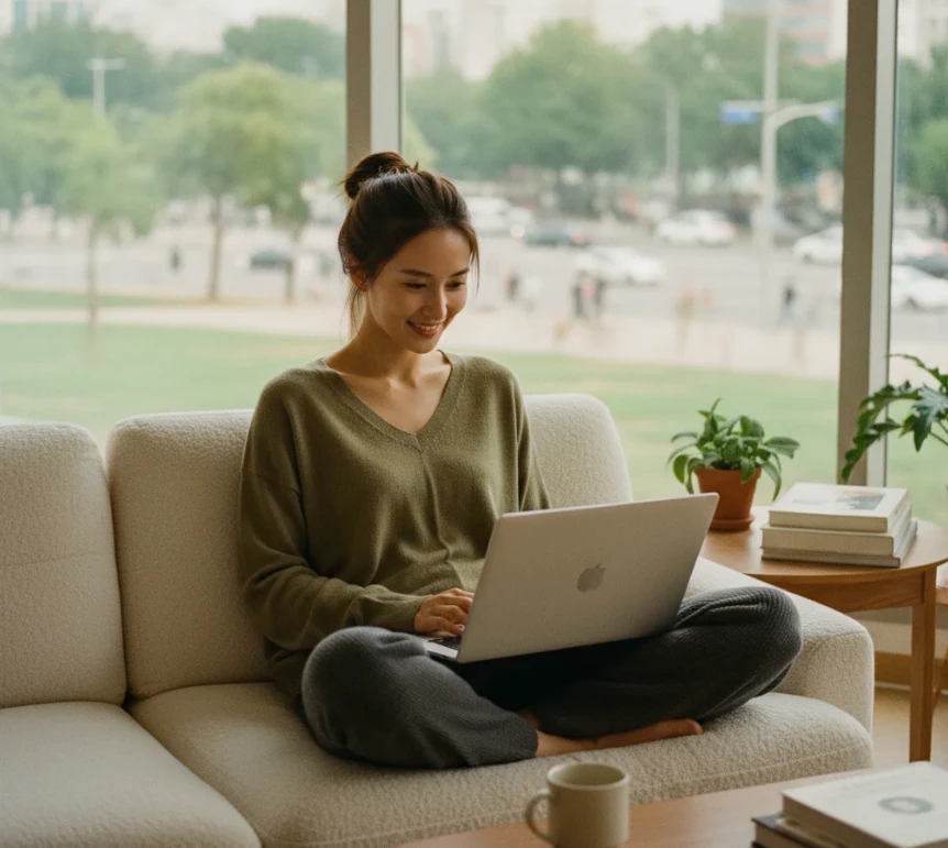 집 소파에 앉아 노트북을 보며 미소 짓는 여성