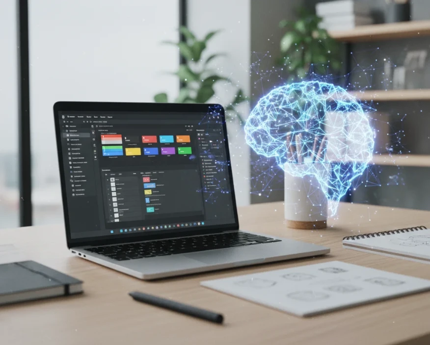 노트북 화면에 피그마 디자인 툴과 함께 AI 로고가 보이는 모습