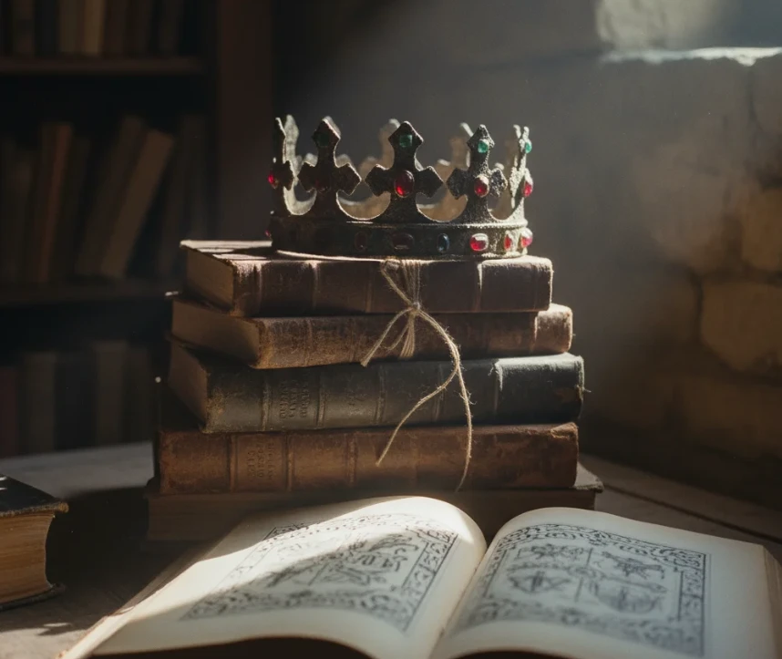 오래된 고서 위에서 빛나는 보석 왕관