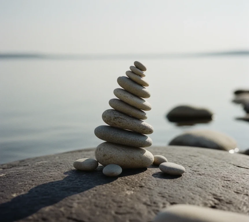 위태롭게 쌓아 올린 작은 돌멩이 탑