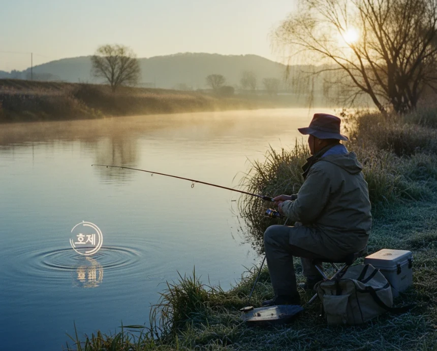 강가에서 낚시를 하는 사람의 모습