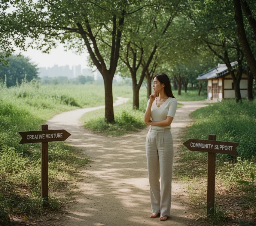 갈림길에서 이정표를 보며 고민하는 여성