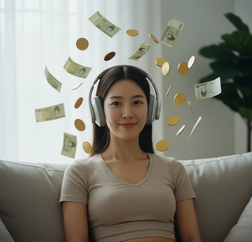이어폰을 끼고 음악을 듣는 여성 주위에 동전과 지폐가 떠다니는 모습