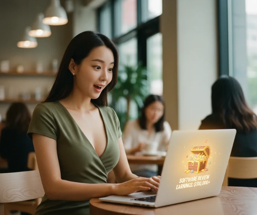 노트북 화면에 나타난 보물 상자를 보며 놀라는 여성