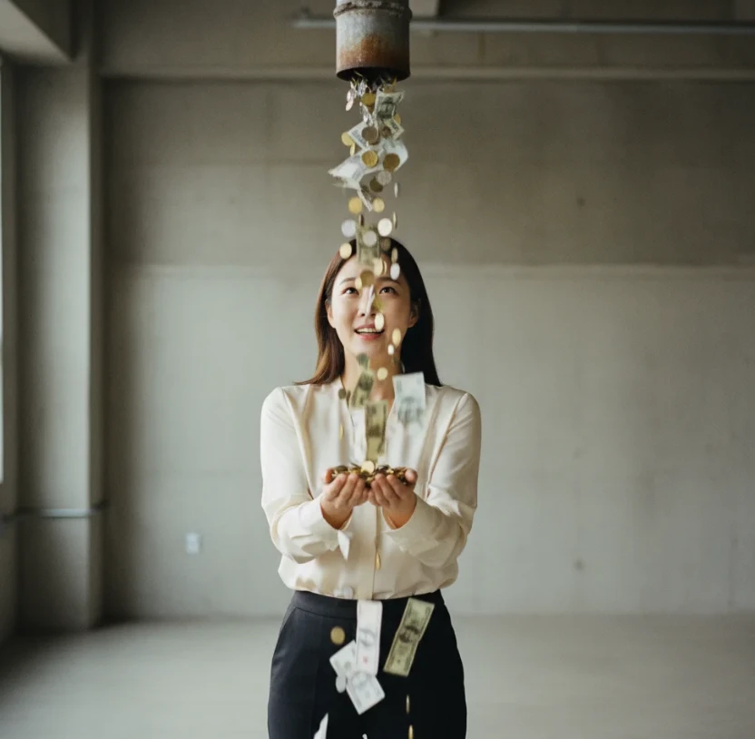 거대한 파이프에서 쏟아지는 돈을 손으로 받는 여성