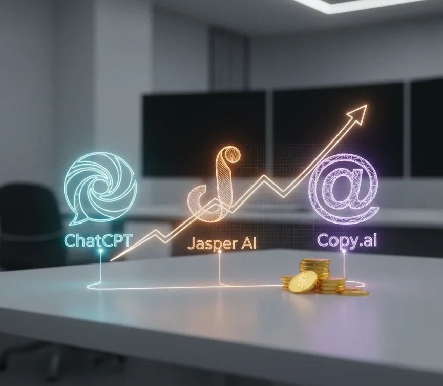 다양한 AI 도구 아이콘과 함께 성장하는 그래프