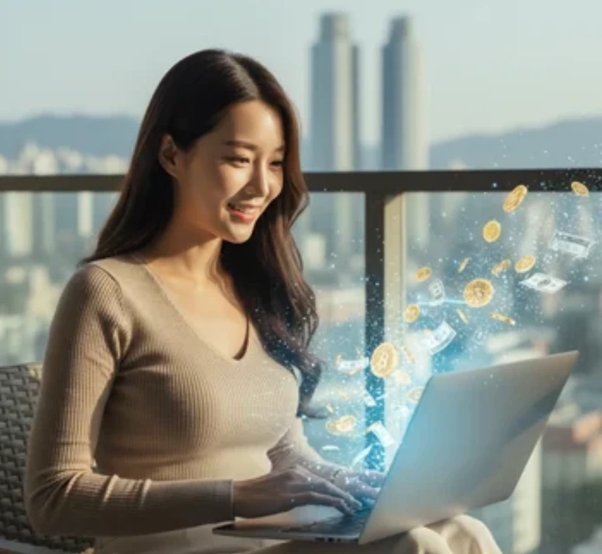 노트북에서 돈이 나오는 것을 보며 환하게 웃는 한국인 여성