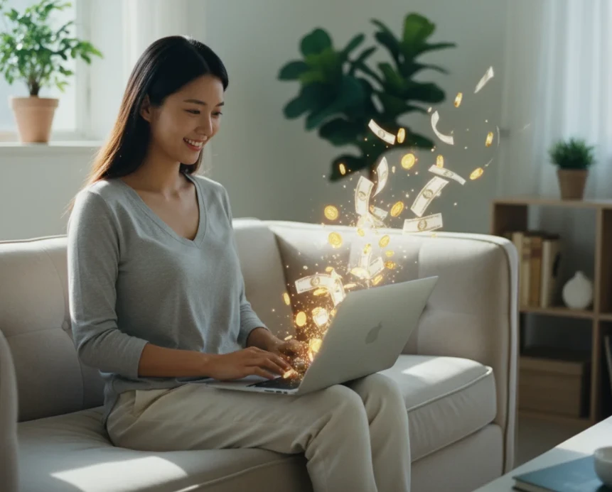 블로그로 높은 수익을 올리며 미소 짓는 한국인 여성