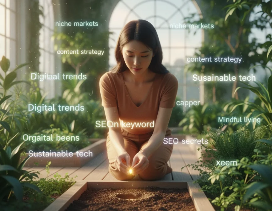 황금 키워드 발굴 노하우를 상징하는 한국인 여성