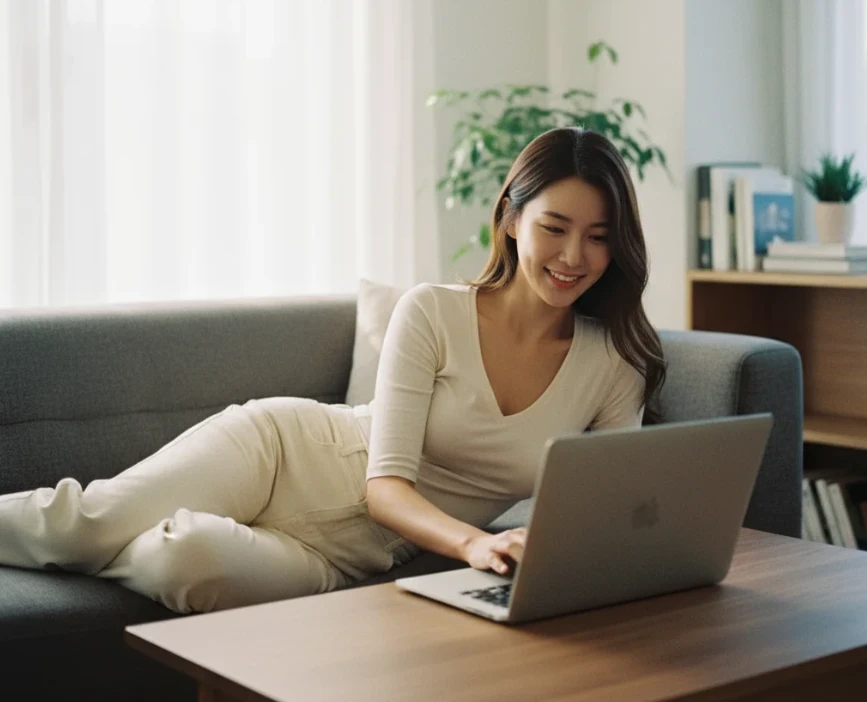 집안에서 편안하게 노트북으로 작업하는 한국 여성의 모습
