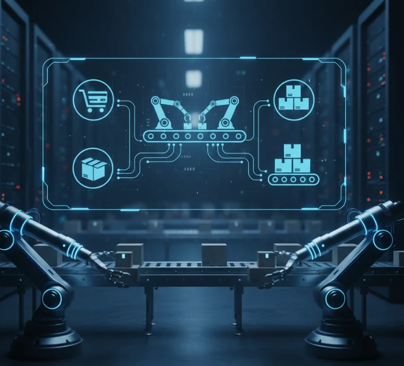 자동화된 주문 처리와 배송 시스템을 상징하는 추상적인 이미지