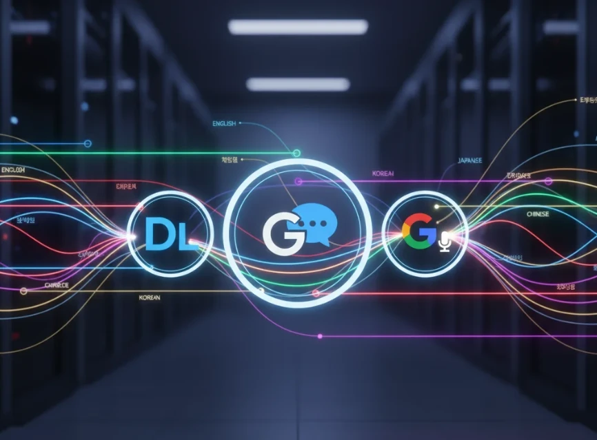 다양한 AI 번역 툴의 아이콘들이 언어를 연결하는 모습