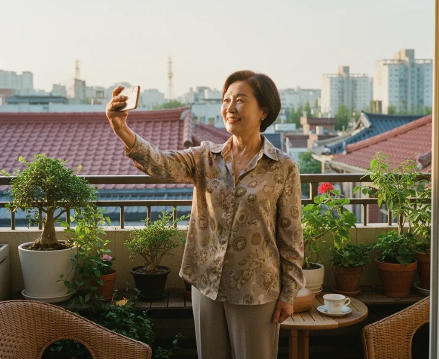 60대 한국 여성이 베란다에서 스마트폰으로 셀카를 찍는 모습