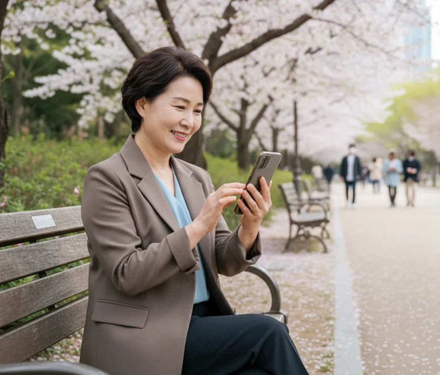 공원 벤치에 앉아 미소 짓는 60대 한국 여성