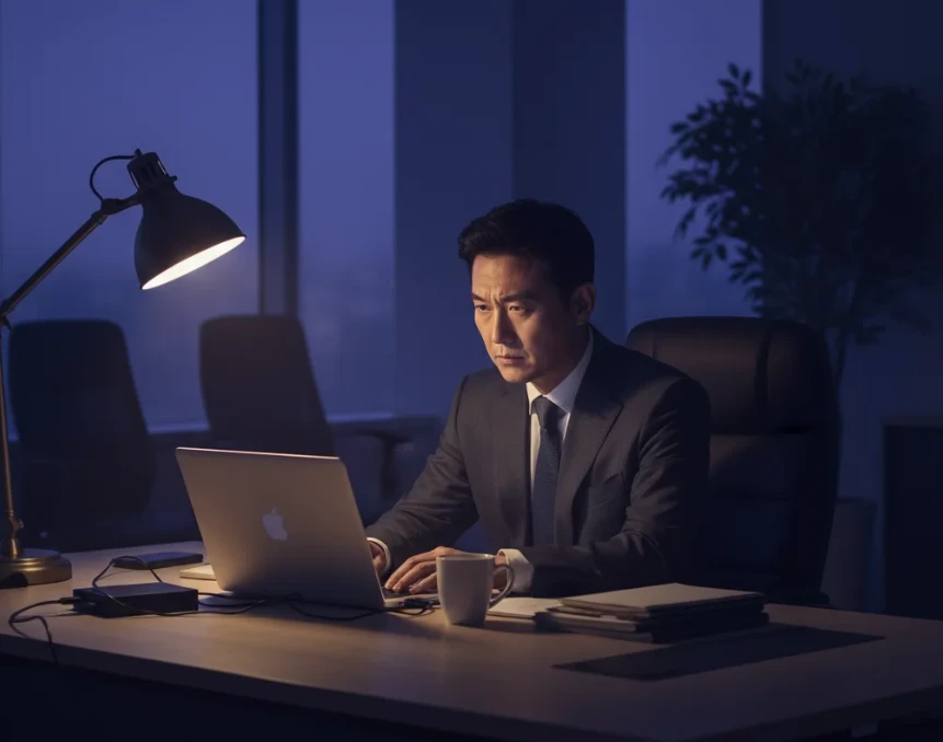 이른 새벽, 사무실에 홀로 앉아 노트북을 켜는 40대 남성