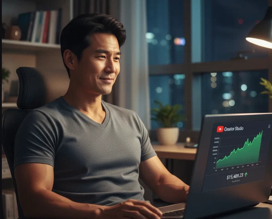 노트북 화면의 유튜브 수익 그래프를 보며 미소 짓는 40대 남성
