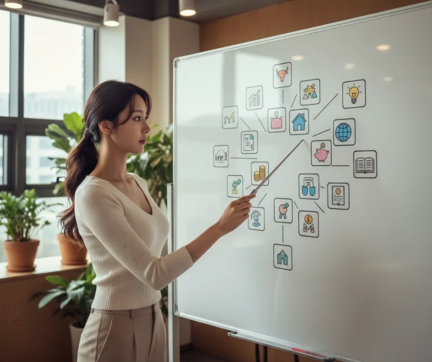 여러 아이콘들을 한 주제로 모으는 20대 한국 여성