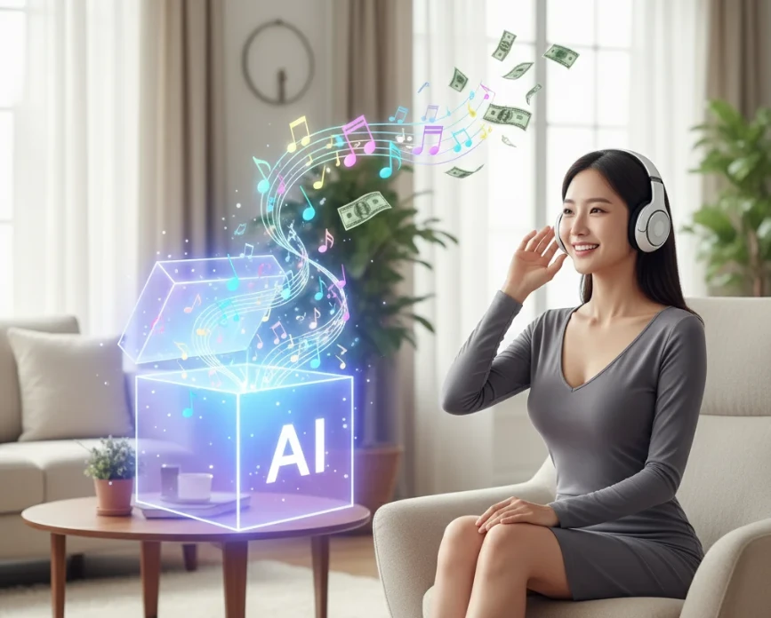 AI 상자에서 음표가 나와 지폐로 변하는 이미지