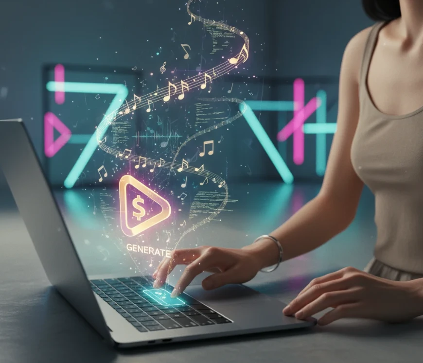 키보드 'Generate' 버튼을 누르는 손과 음악으로 변하는 데이터