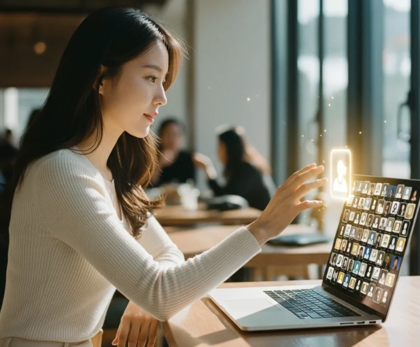 팔로워 프로필 속에서 한 사람과 악수하는 20대 한국 여성