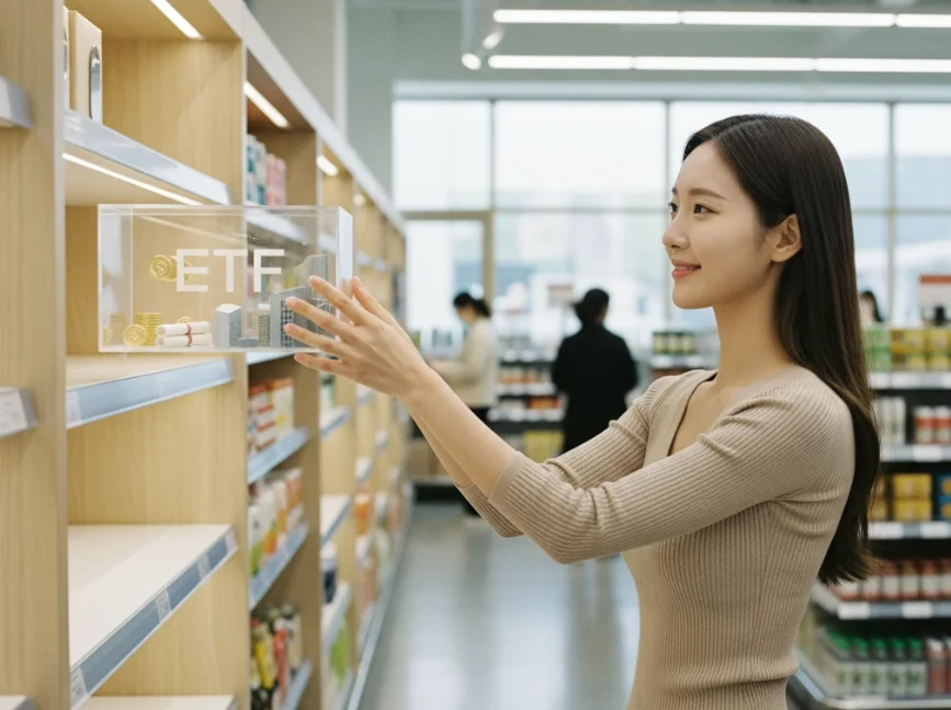 여러 자산을 담고 있는 ETF 상자를 고르는 20대 한국 여성