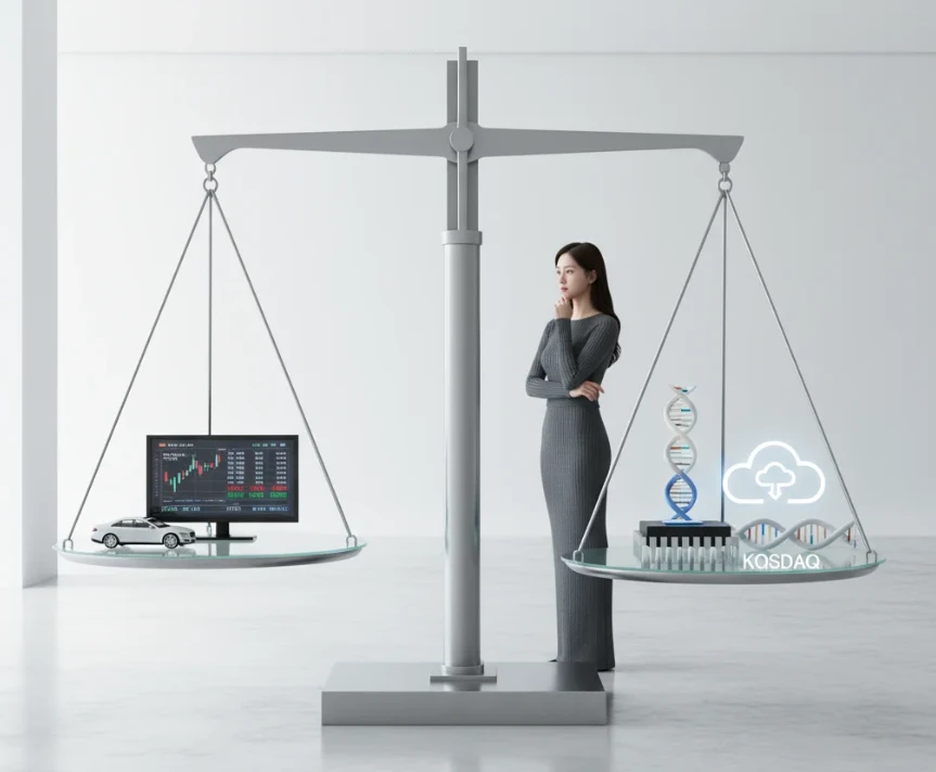 코스피와 코스닥 로고가 있는 저울을 보는 20대 한국 여성