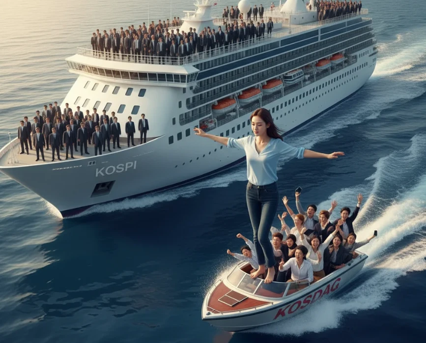 코스피 선박과 코스닥 보트 위에서 균형 잡는 20대 한국 여성