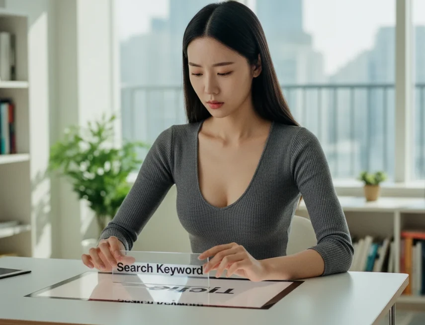 유튜브 알고리즘 최적화를 위해 제목에 검색 키워드를 신중하게 배치하는 20대 한국 여성의 모습