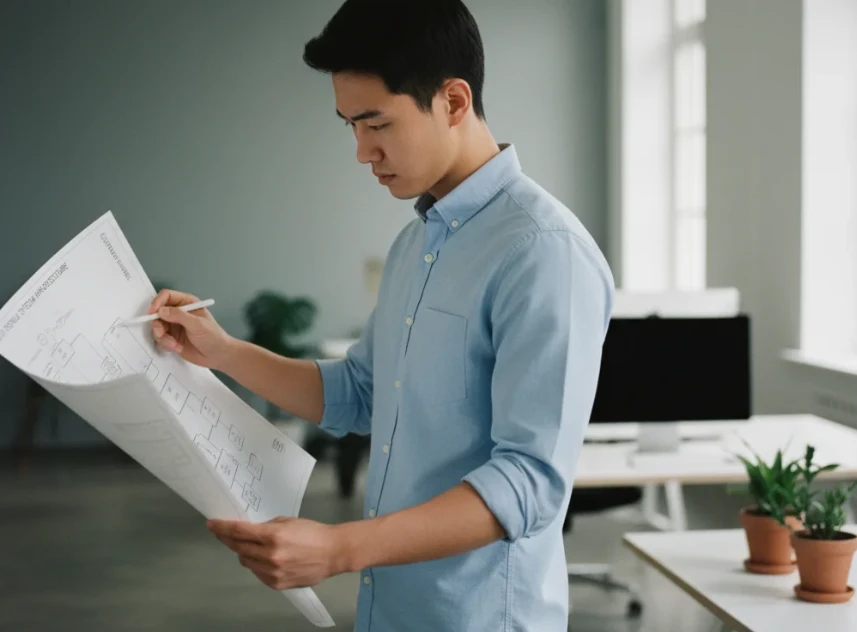 마케팅 자동화의 성공을 위해 고객 유입부터 결제까지의 경로를 치밀하게 설계하는 20대 한국 남성의 모습