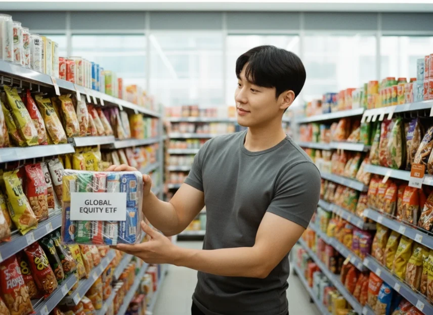 다양한 개별 주식 대신 전문가가 구성한 ETF 패키지 상품을 선택하는 20대 한국 남성.