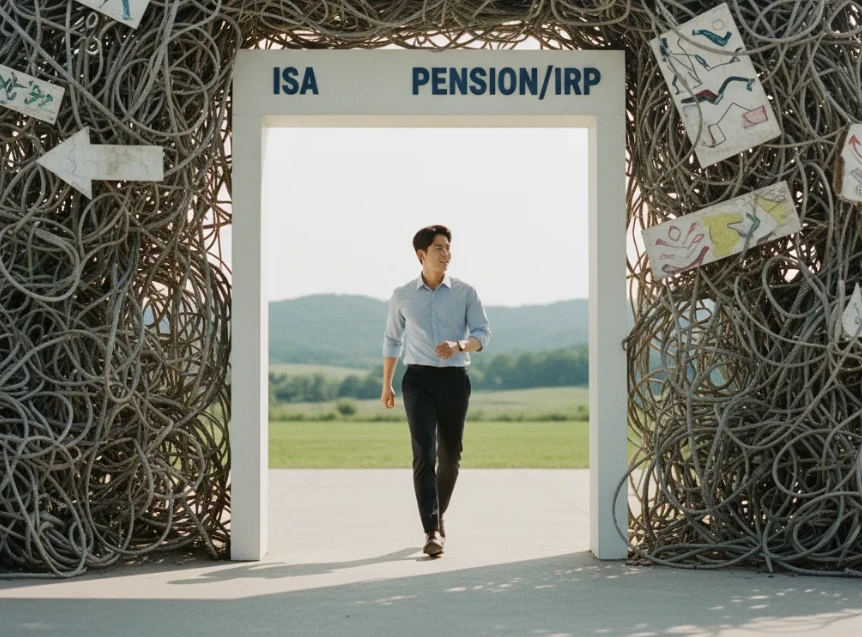 복잡한 세금 전선을 지나 ISA와 연금저축 통장을 상징하는 문으로 나오는 20대 한국 남성.