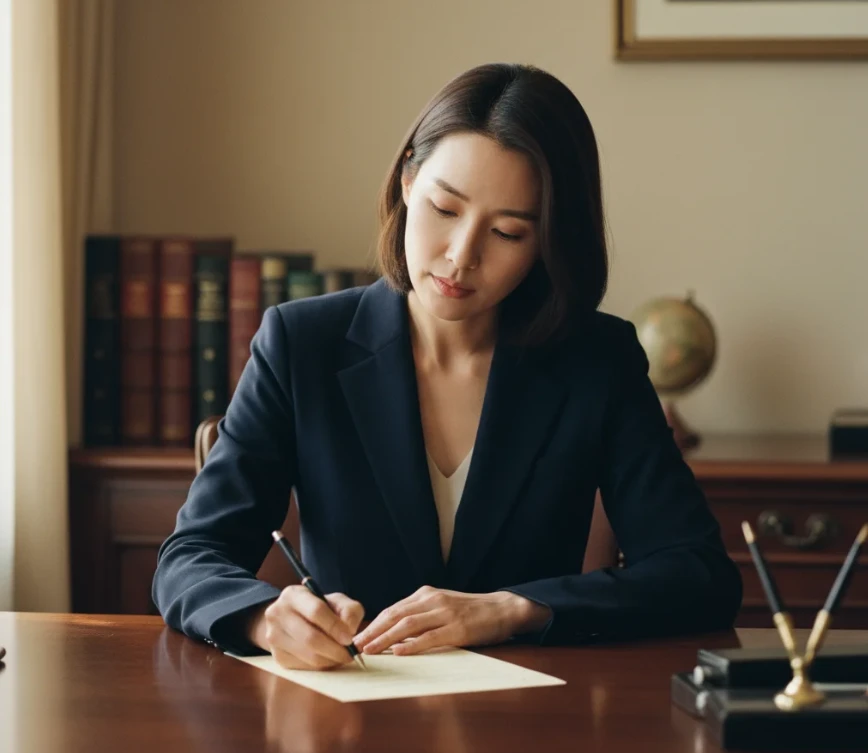 책상 위에서 고객에게 전달할 편지를 정성껏 쓰고 있는 전문가 한국 여성
